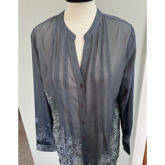 Soft Surroundings Top Womens Gray Green Sheer Roll Tab Sleeve MED Oversized - Picture 2 of 8